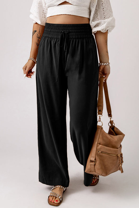 Black Drawstring Elastic Waist Casual Wide Leg Pants Pants & Culotte JT's Designer Fashion