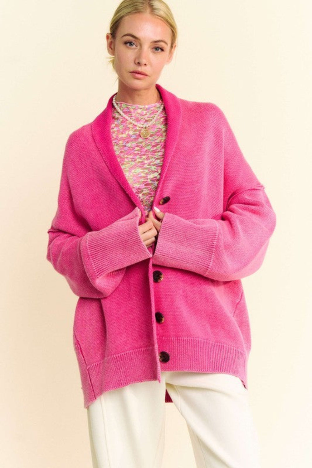 Davi & Dani Shawl Collar Ribbed Detail Button Up Cardigan Hot Pink Long Sleeve Tops JT's Designer Fashion