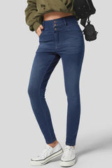 Navy Blue Button Fly High Waist Skinny Fit Jeans Bottoms JT's Designer Fashion