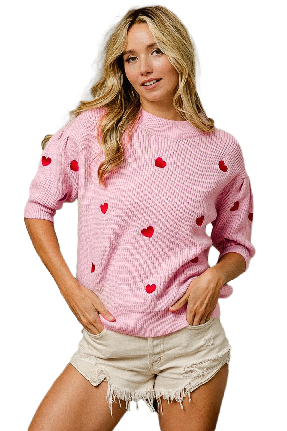 Pink Valentines Heart Pattern Half Sleeve Sweater Sweaters & Cardigans JT's Designer Fashion