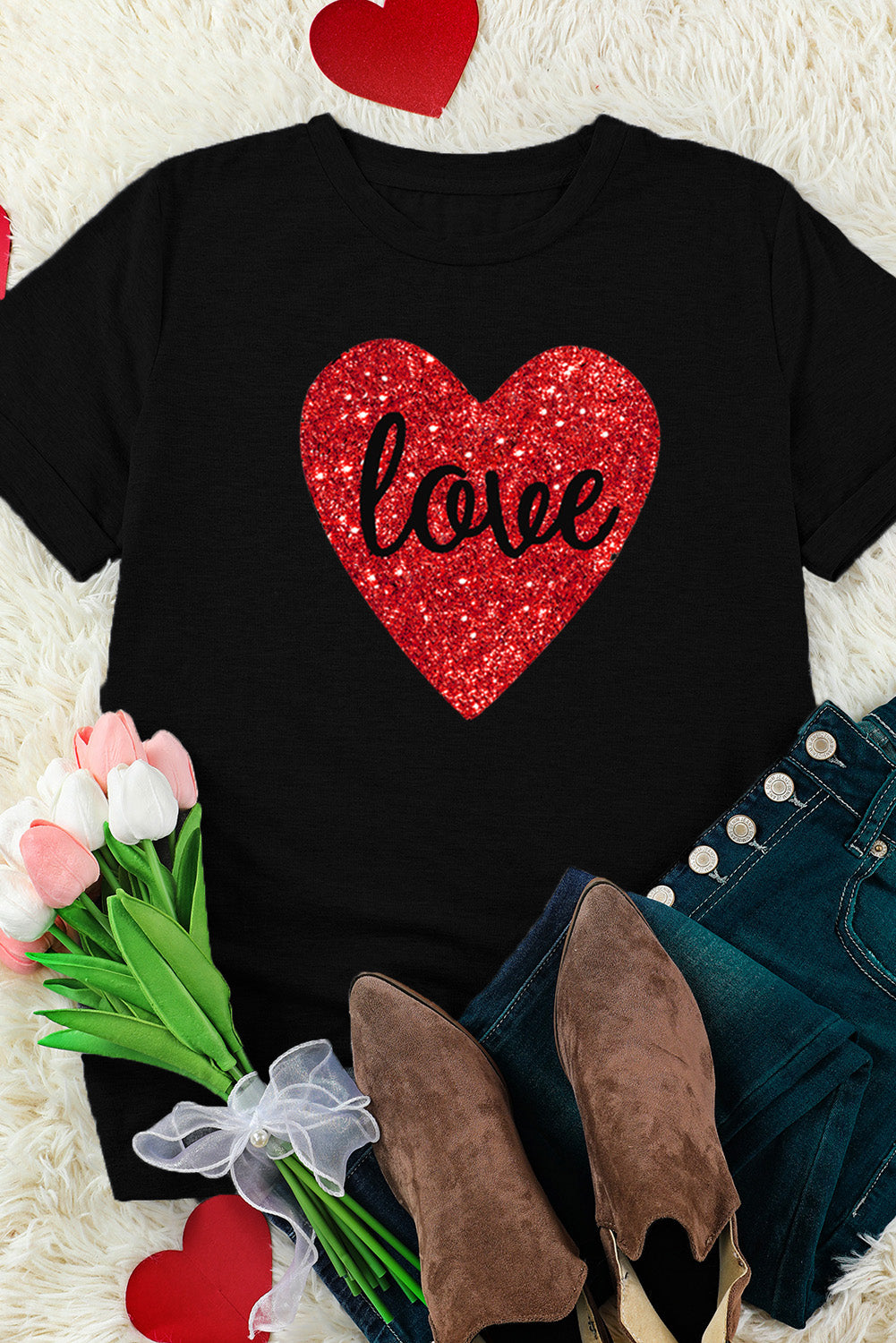 Black Love Heart Shaped Glitter Print T Shirt Graphic Tees JT's Designer Fashion