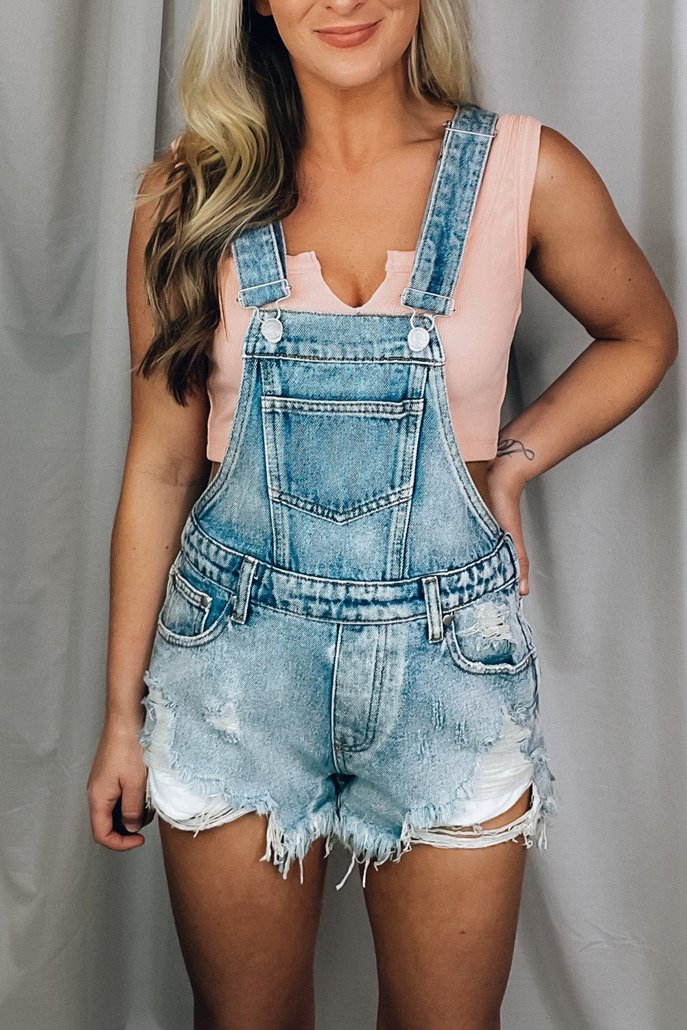 Light Blue Pocketed Distressed Shorts Denim Overalls Pre Order Bottoms JT's Designer Fashion