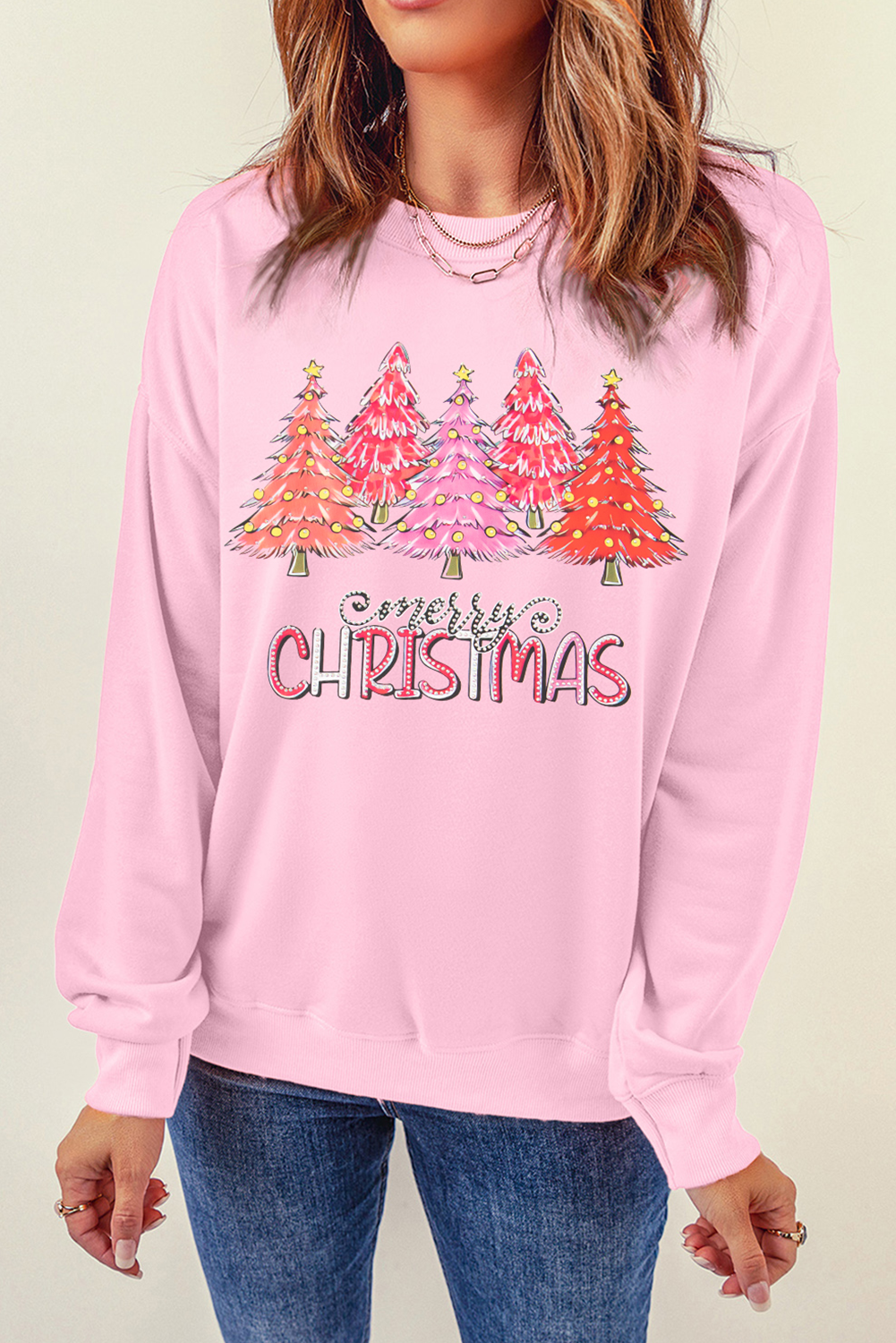 Pink Rhinestone Merry CHRISTMAS Christmas Tree Graphic Sweatshirt Graphic Sweatshirts JT's Designer Fashion