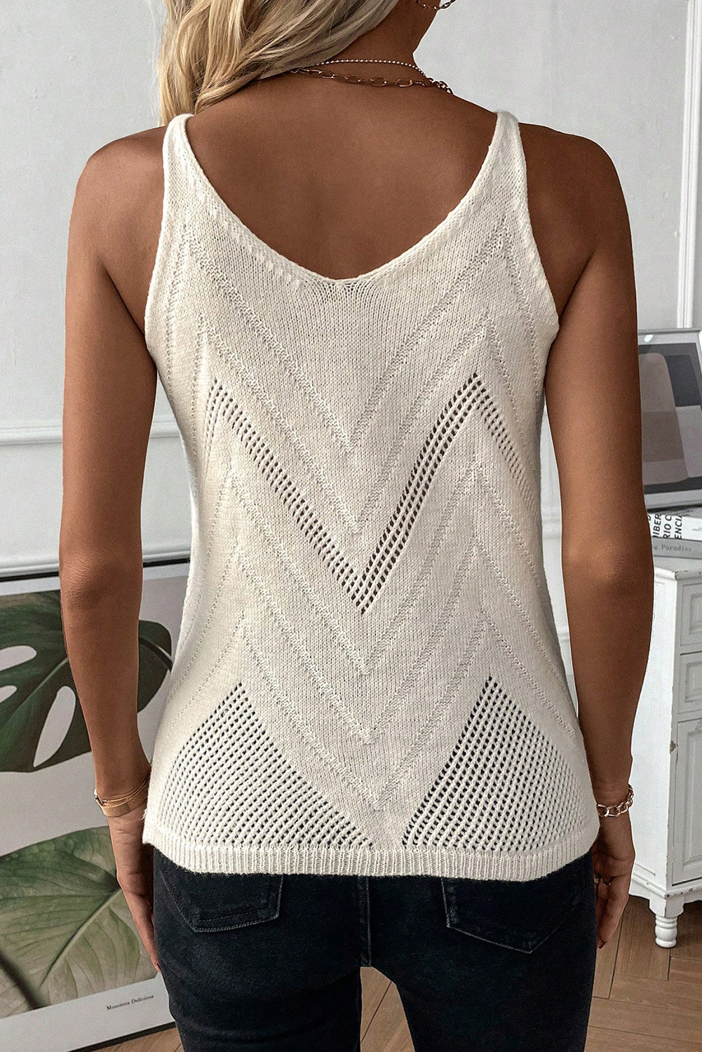 White Chevron Pointelle Knit Spaghetti Straps Sweater Vest Pre Order Sweaters & Cardigans JT's Designer Fashion