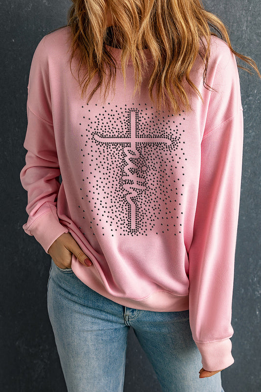 Pink Faith Graphic Studded Pullover Sweatshirt Pink 50%Polyester+50%Cotton Graphic Sweatshirts JT's Designer Fashion