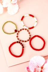 Fiery Red Heart Beaded Multi Layered Elastic Bracelet Set Jewelry JT's Designer Fashion