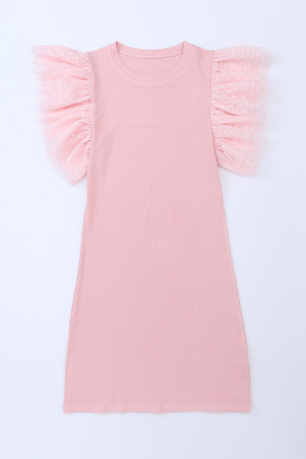 Pink Ruffle Tulle Sleeve Ribbed Knit Bodycon Dress Bodycon Dresses JT's Designer Fashion