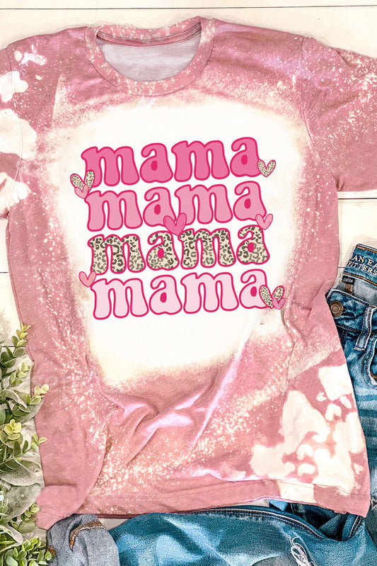 Pink Mama Leopard Heart Bleached Graphic T Shirt Pink 95%Polyester+5%Elastane Graphic Tees JT's Designer Fashion