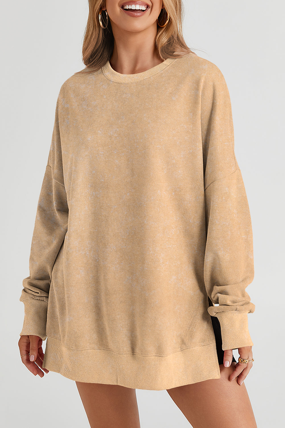 Khaki Drop Shoulder Ribbed Trim Oversized Sweatshirt Sweatshirts & Hoodies JT's Designer Fashion