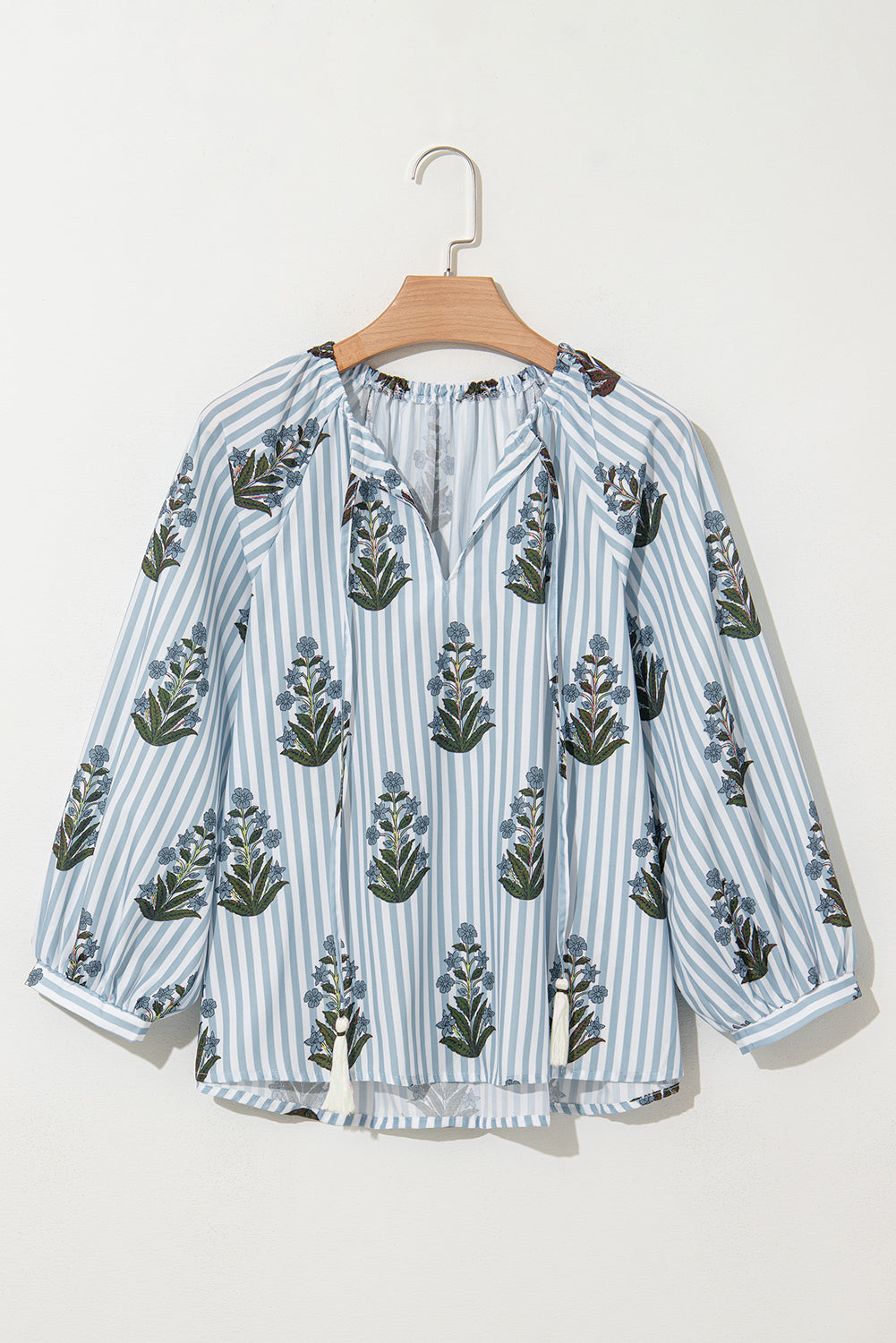 Beau Blue Striped Floral Printed Long Sleeve Tied V Neck Blouse Blouses & Shirts JT's Designer Fashion