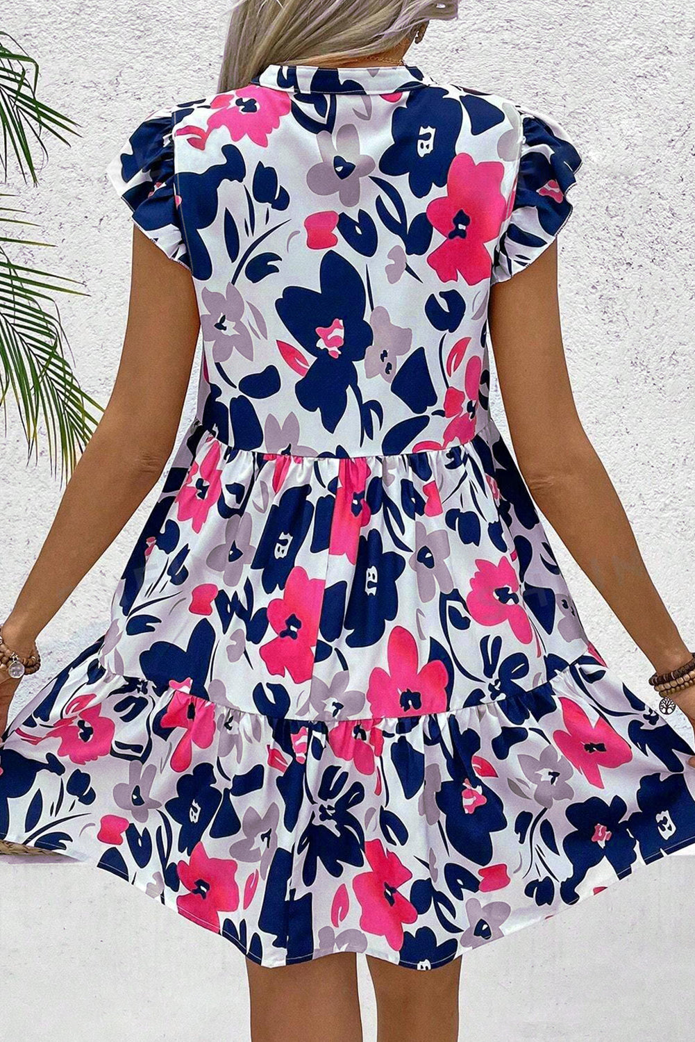 Fashion Floral Print Notched Neck Flutter Sleeve Mini Dress Floral Dresses JT's Designer Fashion