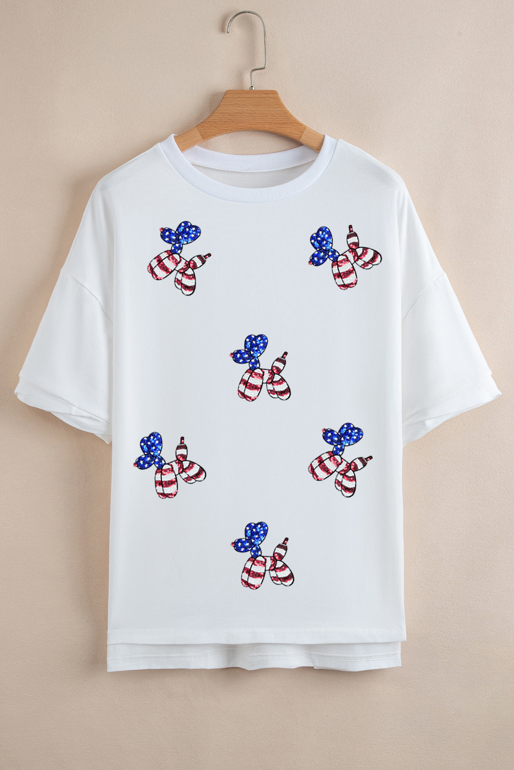White Sequin USA Flag Balloon Puppy Graphic Drop Shoulder High Low Tee Graphic Tees JT's Designer Fashion