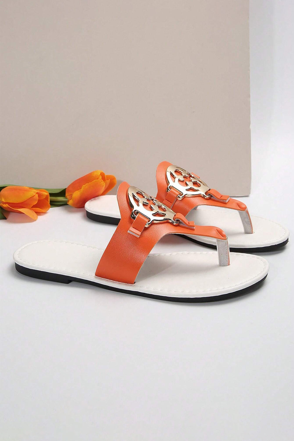 Grapefruit Orange Metal Décor Leather Thong Slippers Slippers JT's Designer Fashion