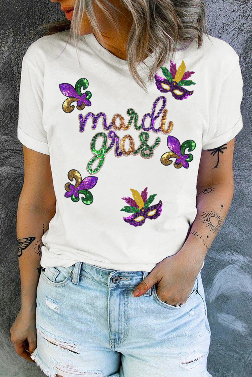 White Sequin Mardi Gras Pattern Graphic Crew Neck Tee Graphic Tees JT's Designer Fashion