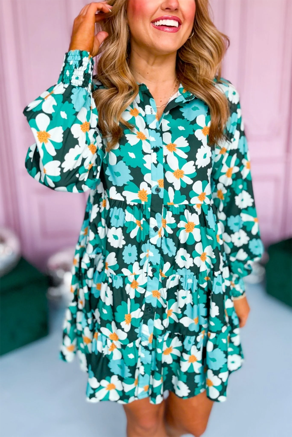 Green Floral Tiered Long Puff Sleeve Shirt Dress Floral Dresses JT's Designer Fashion