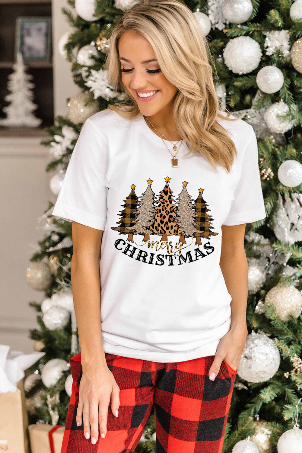 White Merry Christmas Plaid Leopard Trees Graphic T Shirt Graphic Tees JT's Designer Fashion