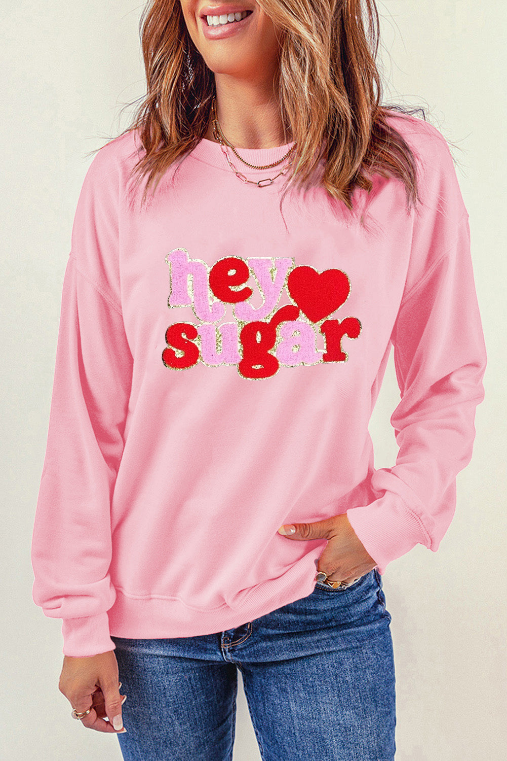 Pink Chenille Heart hey sugar Patched Pattern Valentines Pullover Sweatshirt Graphic Sweatshirts JT's Designer Fashion