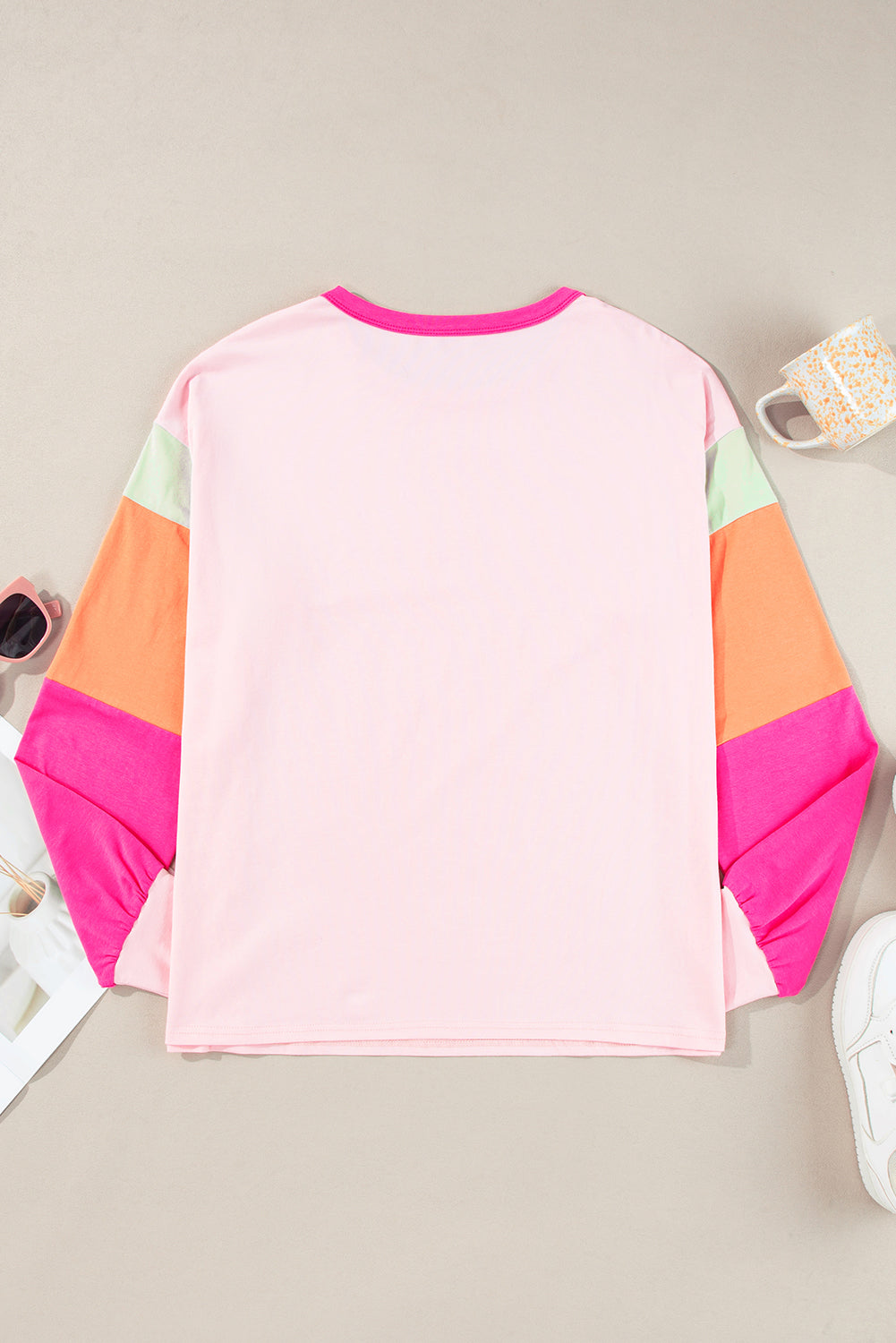 Pink Colorblock Patchwork Long Sleeve Loose Top Long Sleeve Tops JT's Designer Fashion