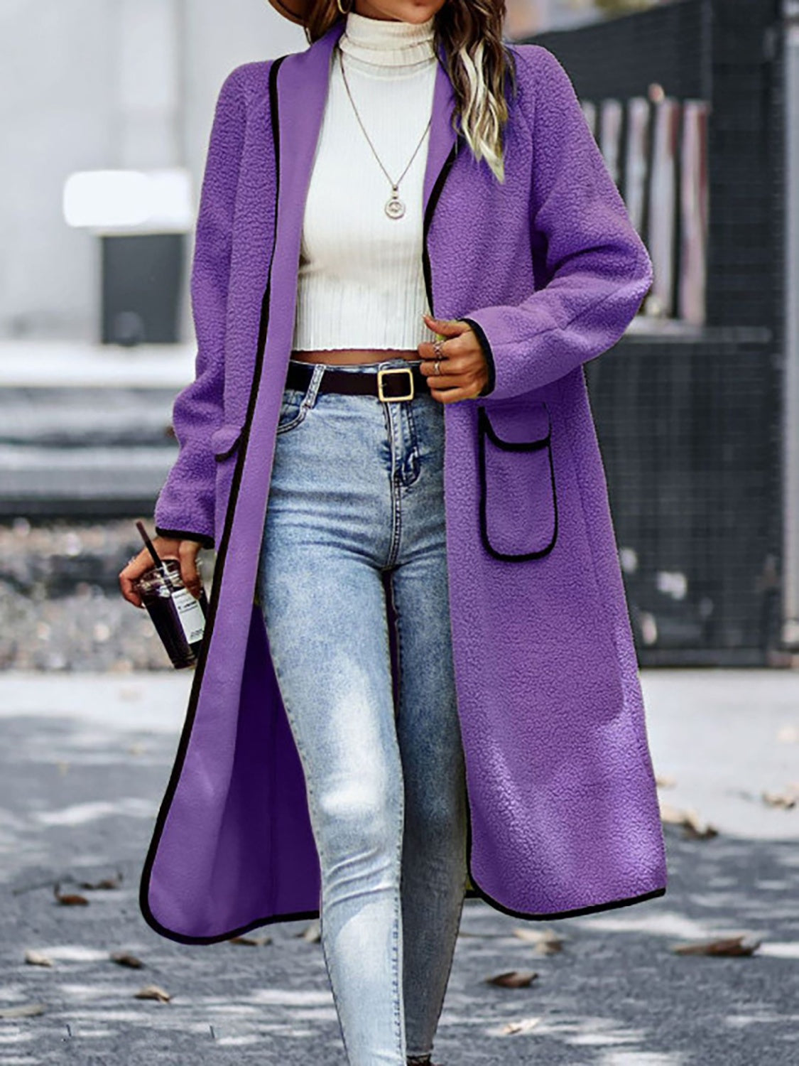 Contrast Trim Long Sleeve Coat with Pockets Purple Coats & Jackets JT's Designer Fashion