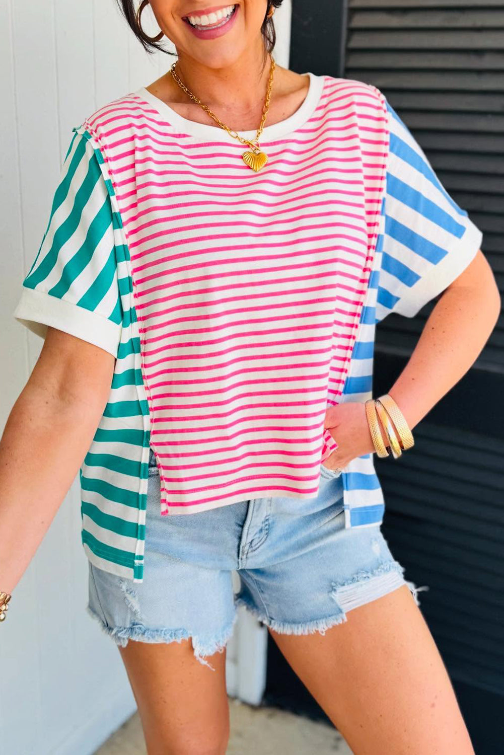Pink Stripe Mixed Pattern Patchwork Uneven Hem Loose Tee Pre Order Tops JT's Designer Fashion
