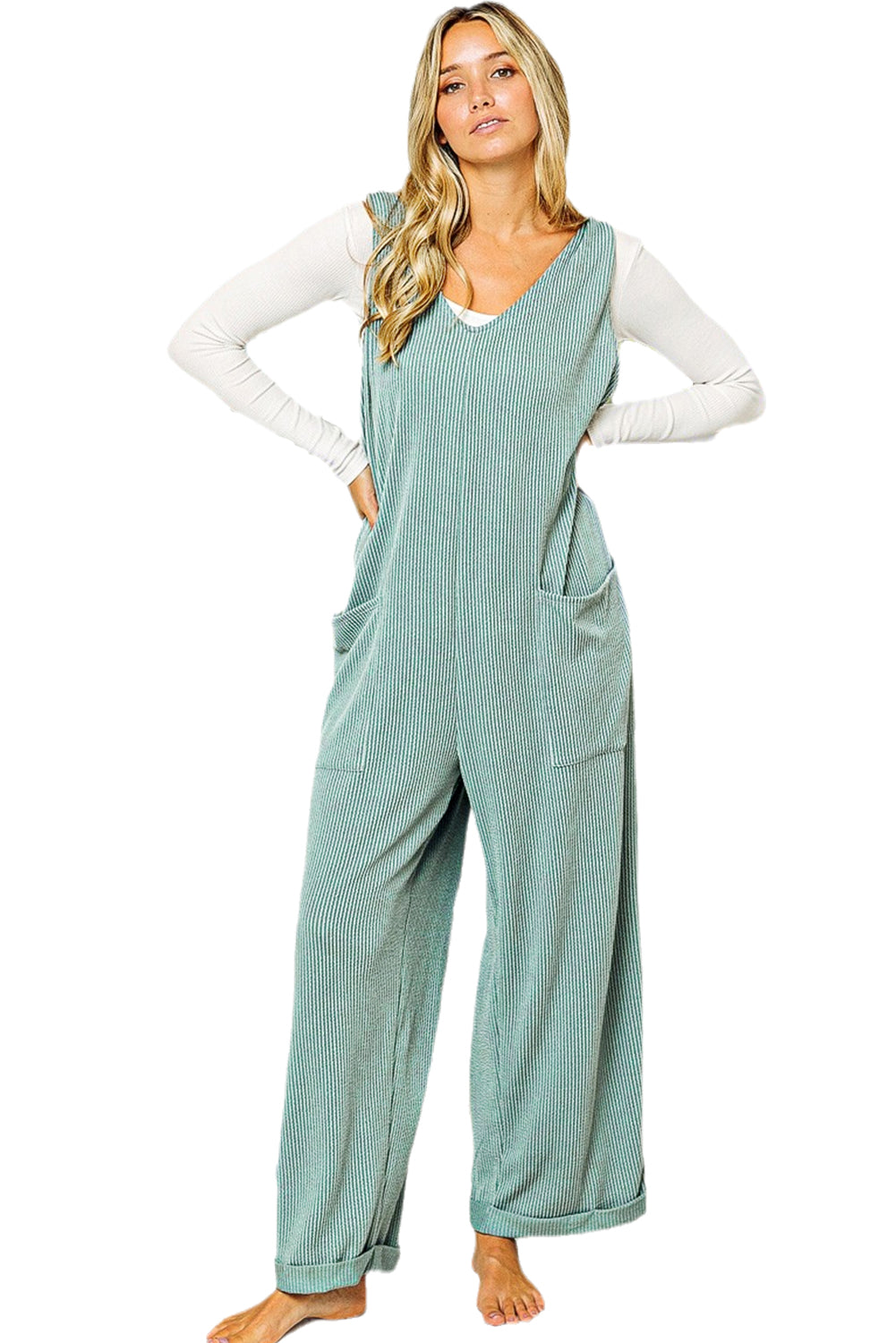 Moonlight Jade Corded Tie Straps V Neck Wide Leg Jumpsuit Jumpsuits & Rompers JT's Designer Fashion