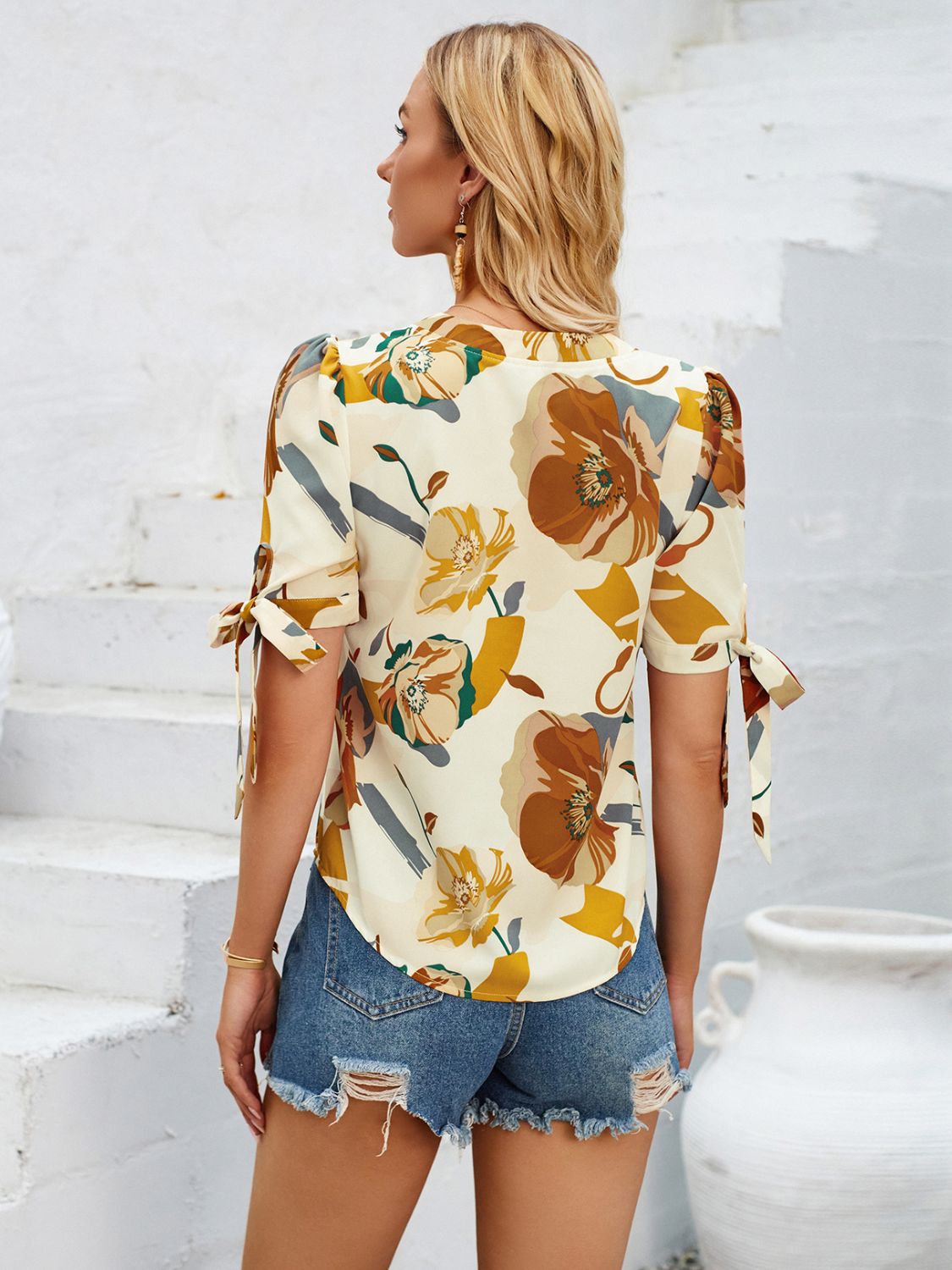 Tied Printed Notched Short Sleeve Blouse Blouses & Shirts JT's Designer Fashion