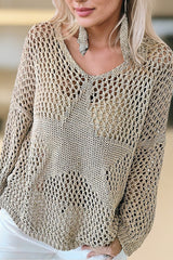 Light French Beige Star Pointelle Knit Baggy Sweater Sweaters & Cardigans JT's Designer Fashion
