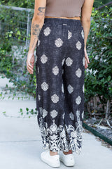 Black Bohemian Printed Drawstring Waist Wide Leg Pants Pants & Culotte JT's Designer Fashion