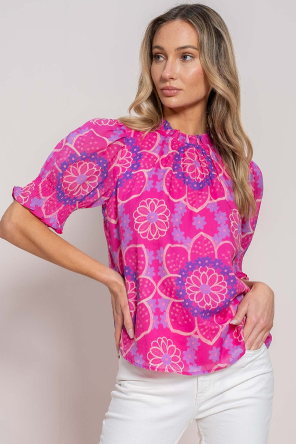 Rose Floral Print Frilled Neck Smocked Puff Sleeve Blouse Blouses & Shirts JT's Designer Fashion