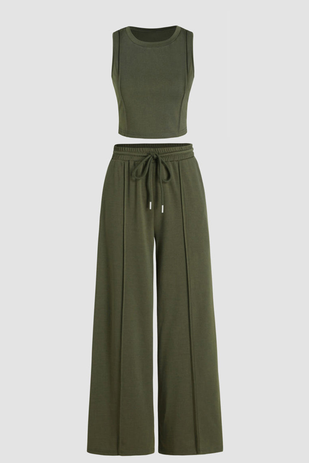 Jungle Green Solid Sleeveless Crop Top and Wide Leg Pants Set Bottoms JT's Designer Fashion