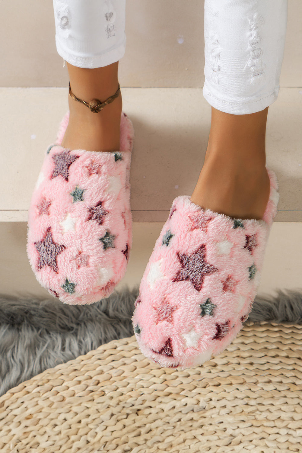 Pink Star Pattern Plush Home Slippers Slippers JT's Designer Fashion