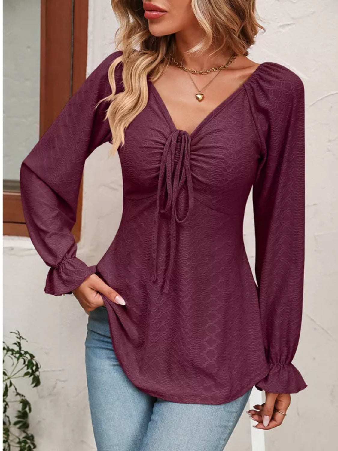 Full Size Drawstring Ruffled V-Neck Long Sleeve Blouse Long Sleeve Tops JT's Designer Fashion