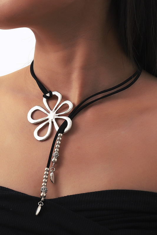 Silvery Hollow Out Floral Leather Rope Y-shaped Necklace Jewelry JT's Designer Fashion