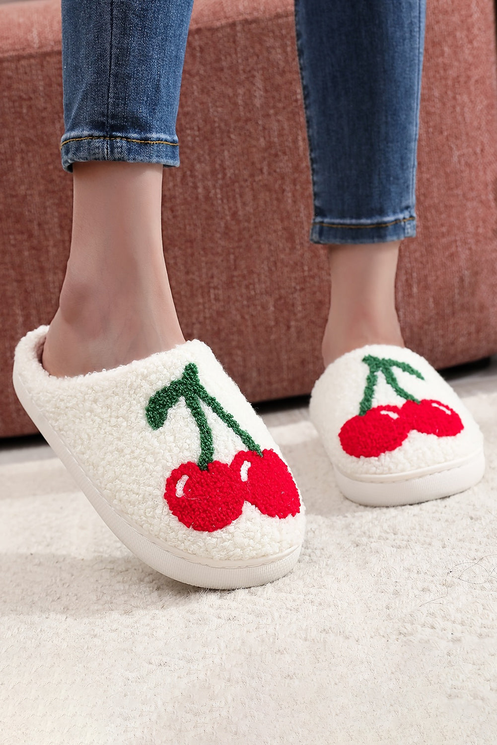 White Cute Fruit Cherry Pattern Winter Plush Slippers Slippers JT's Designer Fashion