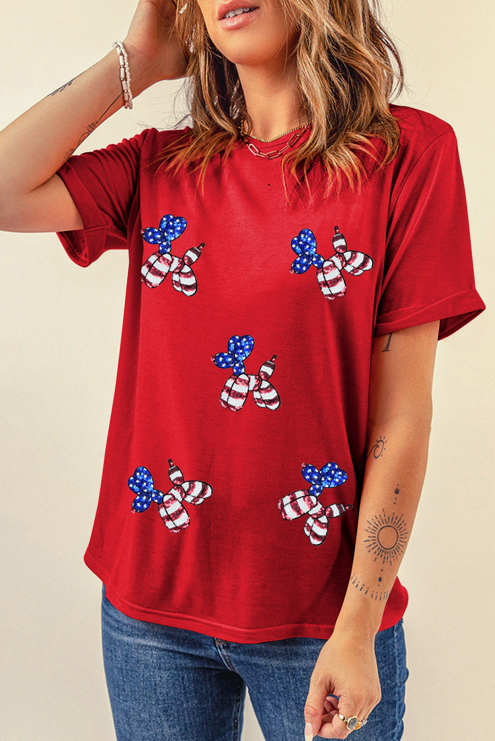 Red Sequin Stars and Stripes Balloon Puppy Graphic Crewneck Tee Graphic Tees JT's Designer Fashion