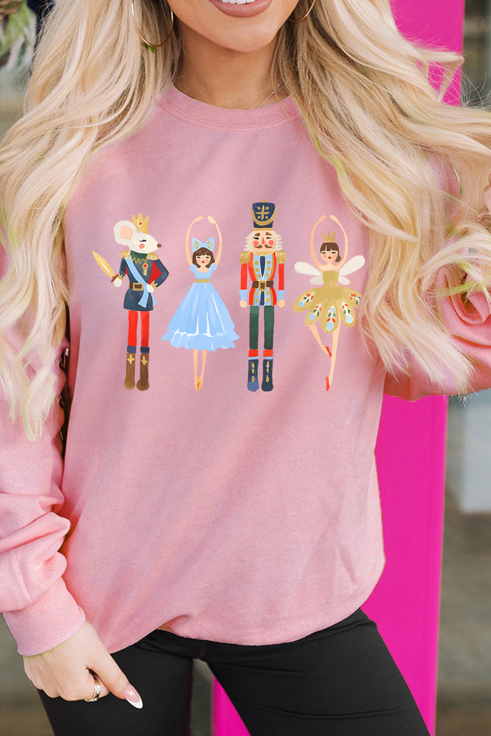 Pink Christmas Nutcracker Fairy Printed Pullover Sweatshirt Graphic Sweatshirts JT's Designer Fashion