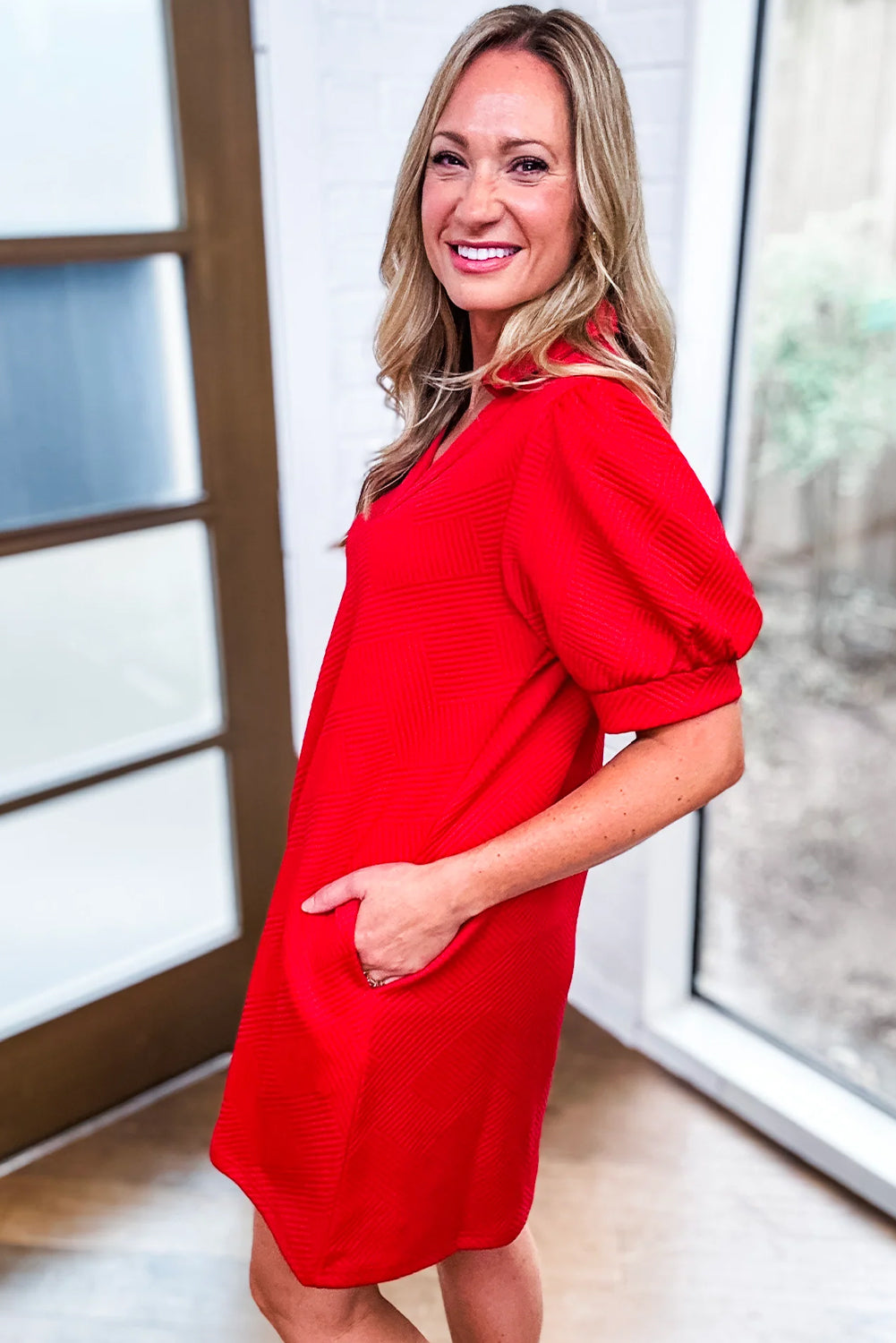 Fiery Red Textured Collared V Neck Puff Short Sleeve Shift Mini Dress Mini Dresses JT's Designer Fashion