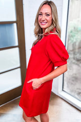 Fiery Red Textured Collared V Neck Puff Short Sleeve Shift Mini Dress Mini Dresses JT's Designer Fashion