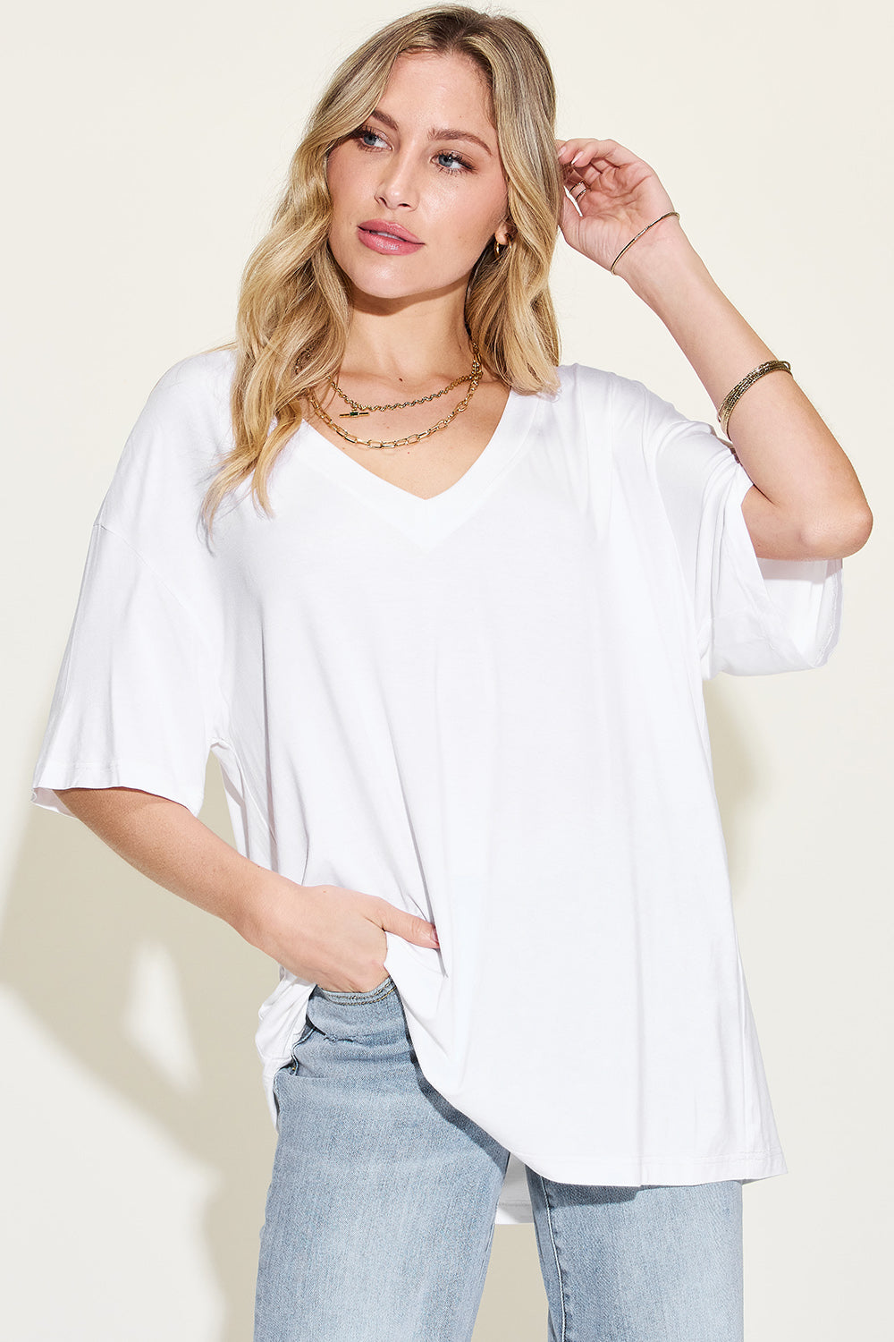 Basic Bae Full Size Bamboo V-Neck Drop Shoulder T-Shirt White T-Shirts JT's Designer Fashion