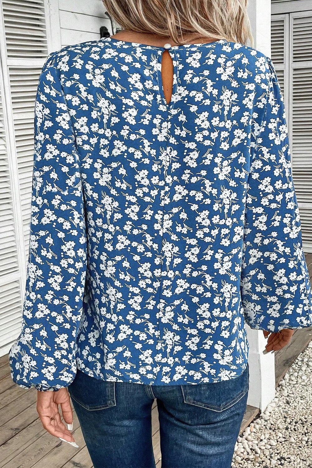 Blue Ditsy Floral Print Lantern Sleeve Blouse Blouses & Shirts JT's Designer Fashion