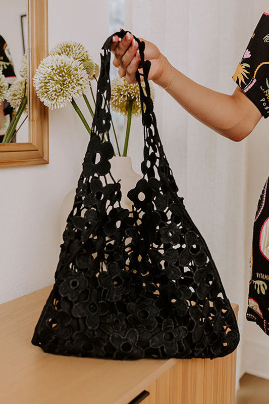 Black Flower Crochet Hollow Out Large Tote Bag Handbags JT's Designer Fashion