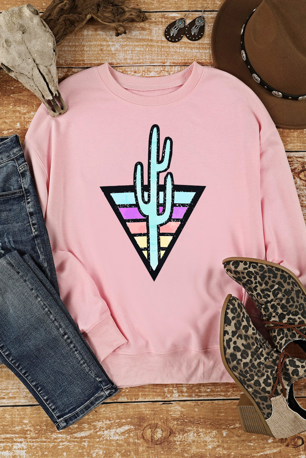 Pink Western Cactus Color Block Pullover Sweatshirt Graphic Sweatshirts JT's Designer Fashion