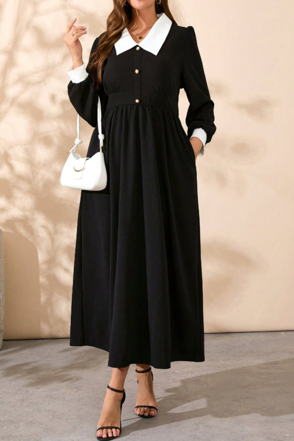 Plus Size Contrast Collared Neck Long Sleeve Midi Dress Black Midi Dresses JT's Designer Fashion