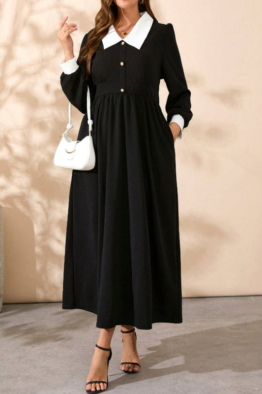 Plus Size Contrast Collared Neck Long Sleeve Midi Dress Black Midi Dresses JT's Designer Fashion