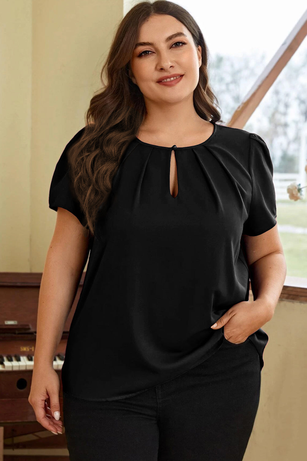 Black Keyhole Pleated Crew Neck Plus Size T Shirt Plus Size JT's Designer Fashion