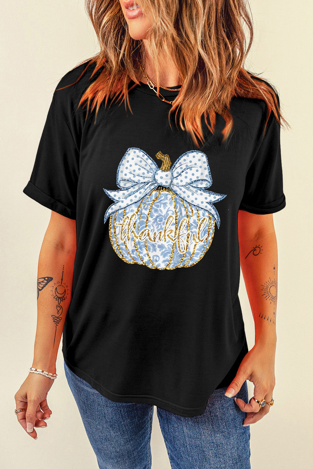 Black Polka Dot Bow Knot Thankful Pumpkin Graphic T Shirt Graphic Tees JT's Designer Fashion