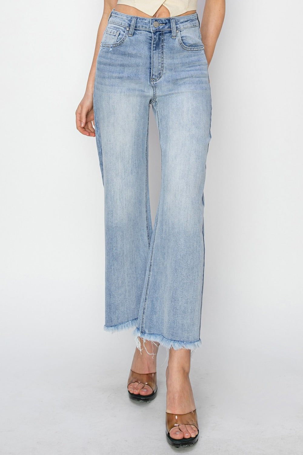 High Rise Crop Wide Fray Hem Jeans Light Jeans JT's Designer Fashion