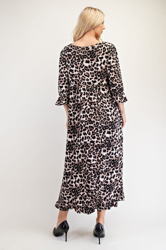 Celeste Full Size Leopard Round Neck Flounce Sleeve Dress Maxi Dresses JT's Designer Fashion