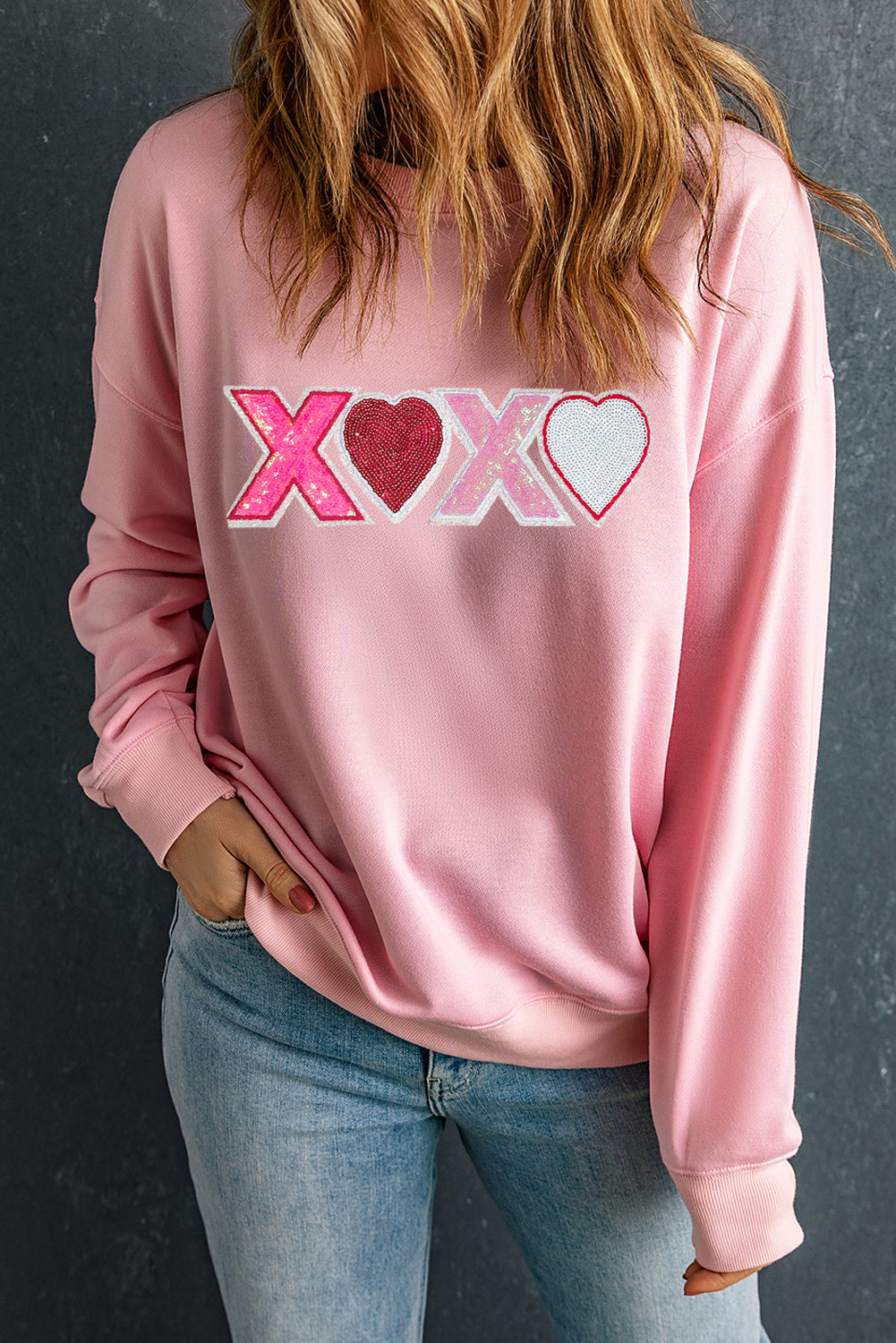 Pink Sequin Heart XOXO Graphic Drop Shoulder Valentines Sweatshirt Graphic Sweatshirts JT's Designer Fashion