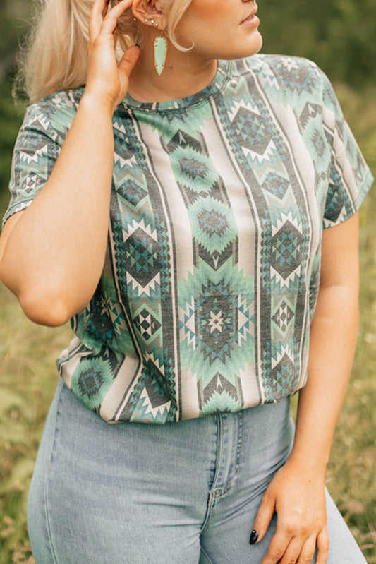 Green Retro Aztec Print Plus Size T-shirt Plus Size JT's Designer Fashion